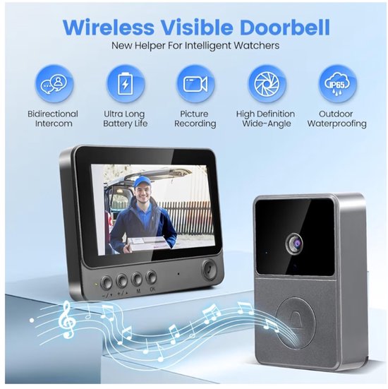 Deurbel met camera, draadloos, outdoor IP65 waterdicht, 1080P HD scherm 4.3", 2.4G videodeurbel met nachtzicht, 2-weg audio. van Merkloos