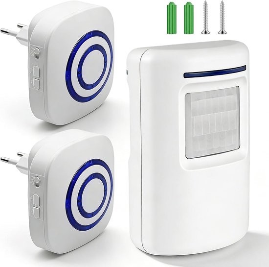 Deurbel Set - Draadloze Opritverklikker - Toegangsmelder - Draadloze Entreemelder - 1 Zender en 2 Ontvanger - 38 Beltonen & LED Flits - 70m Bereik - Bezoekersmelder voor Huis, Tuin & Winkel - Wit