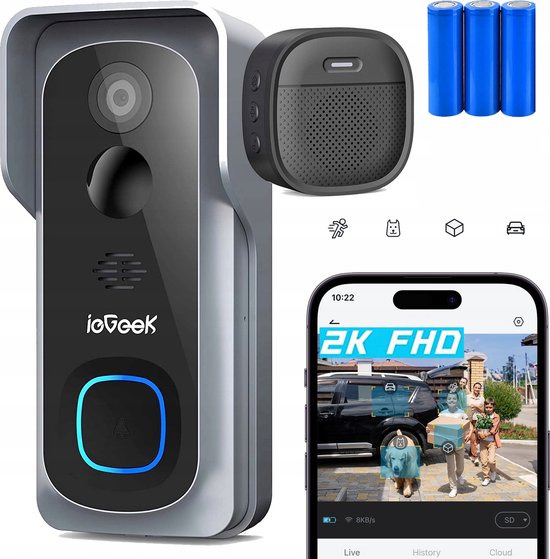 Deurbelcamera draadloos - zonder abonnement - 2K-videodeurbel met bel - 2-weg audio - directe waarschuwing - 2,4G wifi van Merkloos