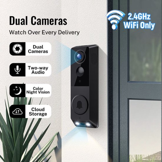 Deurbelcamera met dubbele lens, waterdichte draadloze deurbel voor buiten, spraakomzetter, tweewegs spraak, 2,4 GHz wifi, zwart, geschikt voor thuis en hotel.