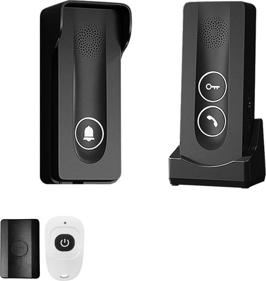 Doorsafe 1900 - Draadloze deurbel intercom / parlofoon met regenkap - werkt op 5V of op meegeleverde batterijen - met draadloze unlock module - zwart