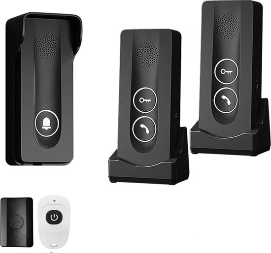 Doorsafe 1901 | Draadloze deurbel intercom / parlofoon met regenkap | werkt op 5V of op meegeleverde batterijen | met 2 x ontvanger | met draadloze unlock module | zwart