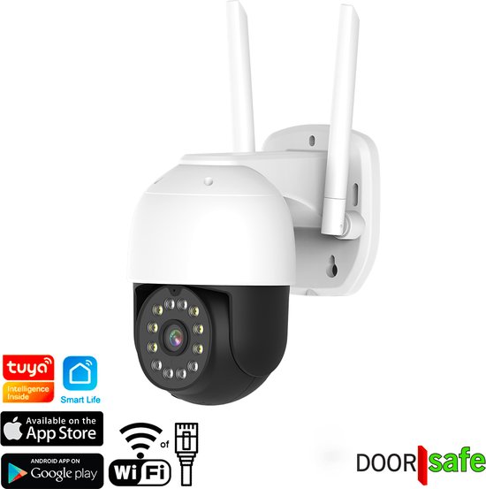 Doorsafe 3124 - 4MP Draaibare bewakingsscamera voor buiten met 12 LED's (6 x infrarood + 6 wit licht) - internet via 2,4 Ghz WiFi & Netwerkkabel - met ONVIF - via Smart Life app van Tuya van Doorsafe