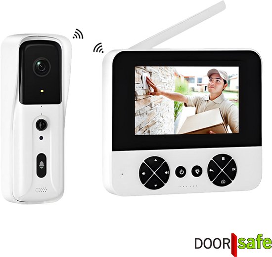 Doorsafe 4451 - Draadloze camera deurbel - Wit - 4.3″ Scherm - Draadloos, standaard bereik - Deurbel op uitneembare en oplaadbare 3600mAh accu - Laag resolutie beeld - Simplex audio - Met monitoring - 16Gb SD-kaart