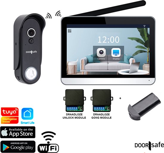 Doorsafe 4656 + voeding + WIFI & APP - HD draadloze internet camera deurbel + 7" Touchscherm - deurbel op accu of stroom - draadloos, langer bereik - scherm verbinden via 2,4 / 5Ghz WiFi & app - PIR bewegingssensor - 32Gb SD-kaart van Doorsafe
