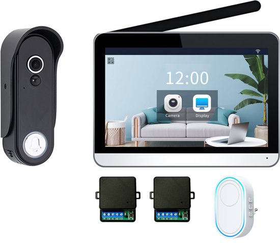 Doorsafe 4657 + Extra draadloze Gong + WIFI & APP - HD draadloze internet camera deurbel + 7" Touchscherm - deurbel op accu of stroom - draadloos, langer bereik - scherm verbinden via 2,4 / 5Ghz WiFi & app - PIR bewegingssensor - 32Gb SD-kaart van Doorsafe