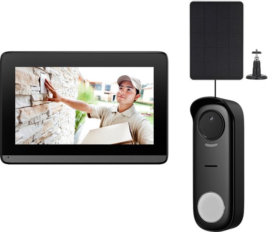 Doorsafe 4700 met WiFi & App + zonnepaneel - HD draadloze internet camera deurbel - Internet via 2,4/5Ghz WiFi of netwerkkabel - 7″ touch scherm - Draadloos, langer bereik (868Mhz) - Deurbel op stroom of 5000mAh accu - Hoog resolutie beeld - 32Gb van Doorsafe