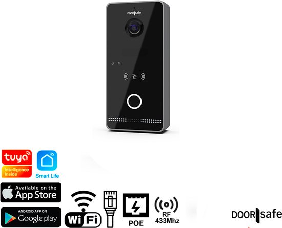 Doorsafe 6670 PRO - HD internet video deurbel met camera + Direct POE IEEE 802.3af & Mifare Chipreader - Zwart/Donkergrijs - 2.4/5Ghz WiFi of Netwerkkabel - 32Gb & NAS