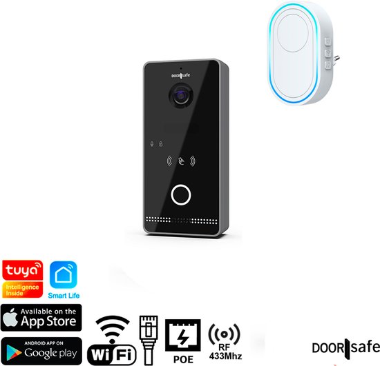 Doorsafe 6675 PRO - HD internet deurbel met camera + Direct POE IEEE 802.3af & Mifare Chipreader - Zwart/Donkergrijs - 2.4/5Ghz WiFi of Netwerkkabel - 32Gb & NAS - + draadloze gong