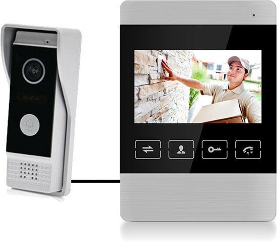 Doorsafe 7100 - camera deurbel met regenkap en intercom - 2 draads van deurbel naar zwart 4 inch scherm - opslag beelden op 16Gb SD-kaart - deuropener aansluitbaar