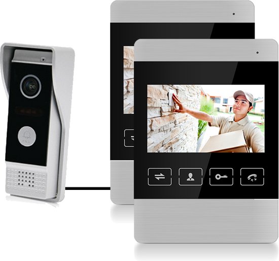 Doorsafe 7160 - camera deurbel met regenkap en intercom - 2 draads van deurbel naar 2 x 4,3 inch scherm - opslag beelden op 16Gb SD-kaart - deuropener aansluitbaar