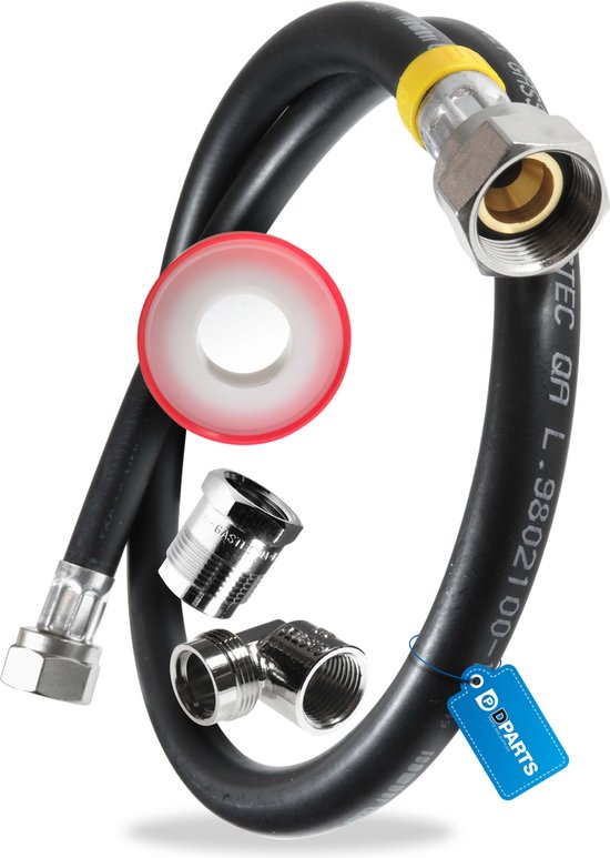 Dparts gasslang aansluitset - 1 meter - voor losstaande gasfornuis - set met PTFE gastape en comfortaansluiting 1/2 naar m24 haaks en recht - 100cm 1m - gas slang fornuis van Dparts