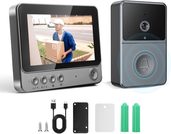 draadloos deurbel met camera, outdoor IP65 waterdicht 1080P HD scherm 4.3", 2.4G videodeurbel met nachtzicht, 2-weg audio, ondersteunt SD, met chime Merk: Strixorn van Merkloos