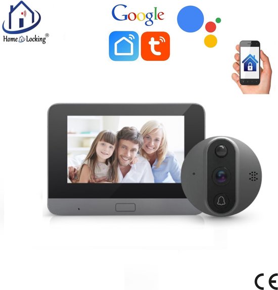 Draadloos WIFI Home-Locking buiten videofoon met binnen scherm voor inbouw kijkgat deur App Smart life T-2100. van Smart Life