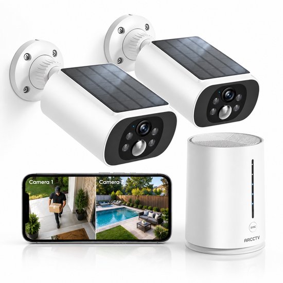 Draadloze Beveiligingscamera Set met 2 Solar Camera's en Basisstation – 4MP 2K – Beveiligingscamera Buiten en Binnen – AI Detectie – Kleurennachtzicht – Lokale Opslag – IP65
