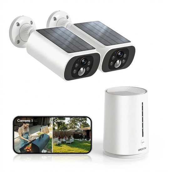 Draadloze Beveiligingscamera's op Zonne-energie voor Buiten - Geen Maandelijkse Kosten - 2 Camera's Bullet-Beveiligingssysteem voor Thuis met Basisstation - 2K Video - Lokale Opslag - Nachtzicht in Kleur - Actieve Sirene