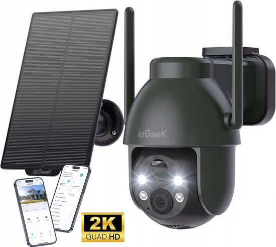 Draadloze bewaking voor buiten -2K draadloos zonnepaneel buiten camera, 360° PTZ, PIR-alarm onmiddellijk, kleurrijk nachtzicht, bidirectioneel geluid van Merkloos