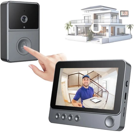 Draadloze deurbel Geschikt voor camera, 4,3-inch TFT-display, draadloos bereik van 150 Geschikt voorer, ingebouwde batterij, USB-C-interface, 170° groothoeklens en video-intercom.