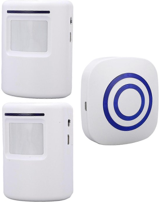 Draadloze Deurbel met Bewegingsmelder, Entreemelder Toegangsmelder voor Winkel en Woonhuis, 2 Zenders 1 Ontvanger, Waterdicht, Bereik 70 meter, LED Indicatoren, Instelbaar Volume (Wit) van Merkloos