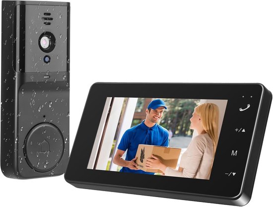 Draadloze Deurbel met Camera - 1080P HD Video-intercom met IPS 4.3 inch Scherm, IP65 Waterdicht, 80° Kijkhoek, Nachtzichtfunctie, 3 Beltonen, Geen Wifi Nodig