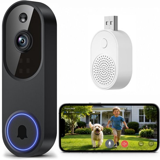 Draadloze Deurbel met Camera - HD Nachtzicht - Intercom - Zwart