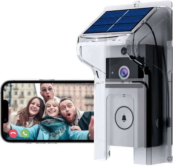 Draadloze deurbel op zonne-energie, 2,4 GHz wifi, HD-video, nachtzicht. van Merkloos