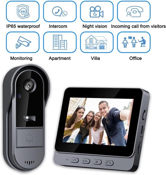 Draadloze deurbelcamera met schermmonitor, waterdichte deurbel met 4,3 inch scherm, 170° kijkhoek, nachtzicht, gezinsvideo-intercom, video-deurtelefoon voor thuis, geen wifi/app-verbinding van Merkloos