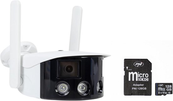 Draadloze IP Beveiligingscamera Set met Dubbele Lens 4MP Panoramisch Zicht en 128GB MicroSD Kaart