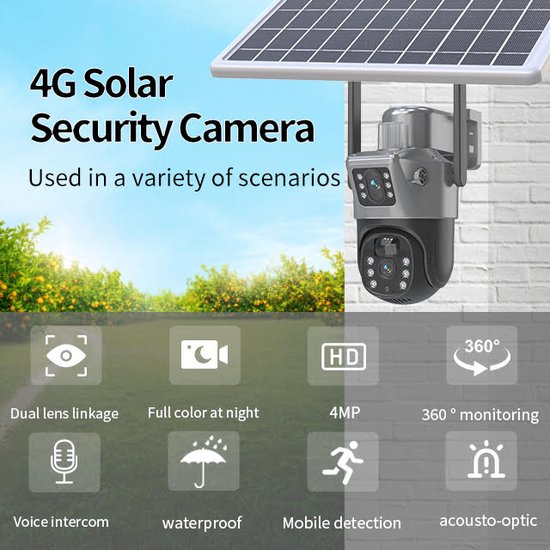 Draadloze Outdoor Solar Camera met Twee Lenzen – Full HD, 360° Automatische Rotatie, Pan & Tilt, Nachtzicht, Bewegingsdetectie, Voice Intercom, Video Terugspelen, App-besturing, Weerbestendig, Cloud- en SD-opslag, 4G SIM-kaart Compatibel van XNEX