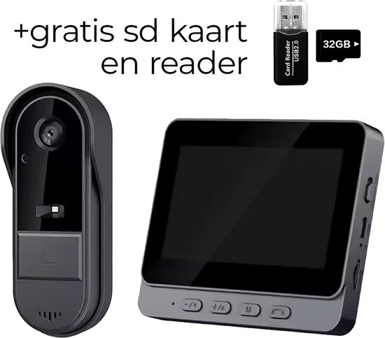 Draadloze Slimme Video Deurbel met Scherm – Full HD Camera – 4.3” Monitor – Waterdicht – Nachtzicht – Inclusief SD-Kaart + SD-Kaartlezer – Smart Doorbell van Merkloos