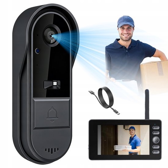 Draadloze Video Deurbel - Deurbellen Met Camera - Slimme Deurbel - 2,4 GHz - 4,3 Inch Display - 170° Groothoek - Tweewegs Intercom - Nachtzicht - IP65 Waterdicht - 50m Bereik - Voor Thuis - Zwart