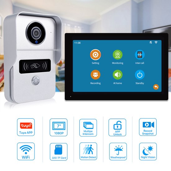 Draadloze Video Deurbel Systeem - Wifi - Smart - 1080P - Deurtelefoon - Deurcamera - 7 Inch - Waterdicht - Touchscreen - Video Intercom - 32Gb Sd Kaart - Beveiliging - Intercomsysteem - Opneembaar