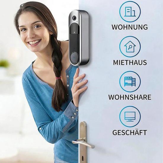 Draadloze videodeurbel, 1080p HD nachtzicht, tweewegs bellen, cloudopslag, ondersteunt alleen 2,4 GHz wifi.