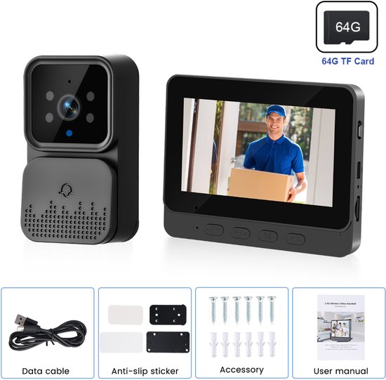 Draadloze Videodeurbel met Binnen Scherm - 4,3 Inch IPS Display - Geen WiFi Vereist - 2.4G Privéprotocol - HD Infrarood Nachtzicht - Twee Weg Audio Intercom - 64GB SD Kaart Inbegrepen - Tot 150 Meter Bereik - Eenvoudige Installatie