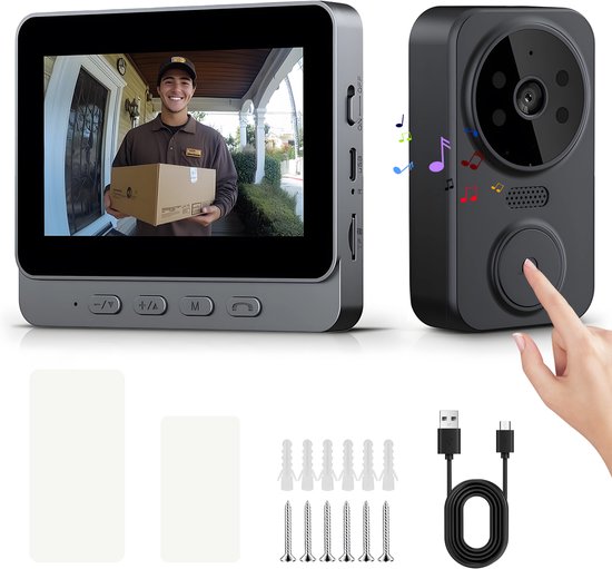 Draadloze Videodeurbel - Videodeurbel met Monitor - 4,3-inch IPS-Kleurenscherm - Infrarood Nachtzicht met 70° Kijkhoek - Tweerichtings-Video-intercom - SD-Kaartopslag tot 256 GB - Voor Voordeur, Appartement en Woning