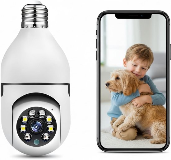 Draadloze WiFi-bewakingscamera Binnen/Buiten, 2K Lamp Bewakingscamera WiFi, Bewakingscamera's met E27-lampfitting, Sirene en Lichtalarm, Kleuren Nachtzicht
