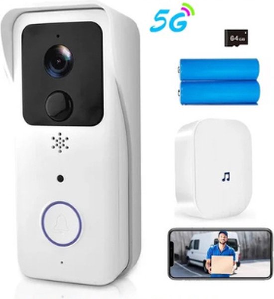 Draadloze WiFi videodeurbel met bel - 1080P HD - Slimme videodeurbel met camera - 5G - Werkt op batterijen - PIR Bewegingsdetectie - Nachtzicht - 2-weg audio-ondersteuning - 64GB SD kaart van Merkloos