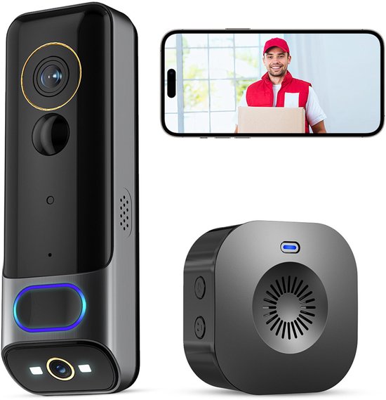 Draadloze WiFi-videodeurbelcamera met bel, 1080P HD Slimme videodeurbel met camera Werkt op batterijen - Draadloze Video Deurbel - Met Camera - Draadloze Beveiligingscamera - Video Doorbell - Deurbel Draadloos - Incl. Gong van BluMill