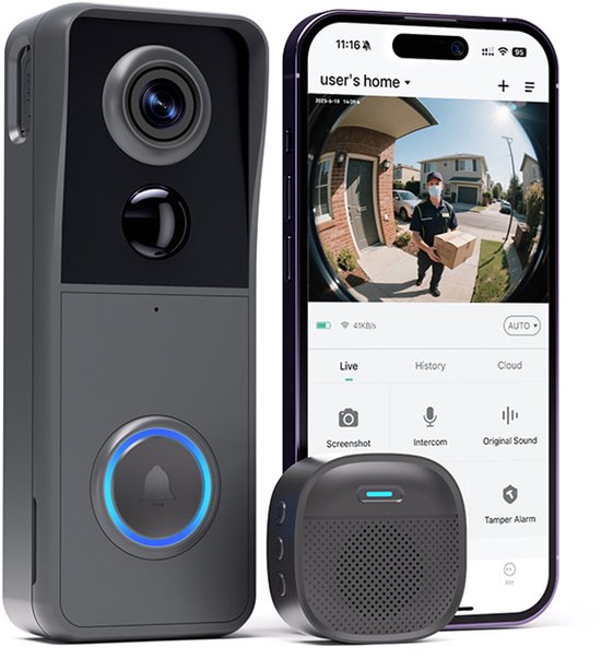 Draadloze WiFi-videodeurbelcamera met bel, 1080P HD Slimme videodeurbel met camera Werkt op batterijen PIR Bewegingsdetectie Nachtzicht 2-weg audio-ondersteuning