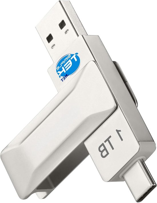 Draagbare SSD Stick - Externe Opslag USB Geheugen - Bestanden Overzetten - Dubbele USB-A en USB-C - 1 TB - Zilver