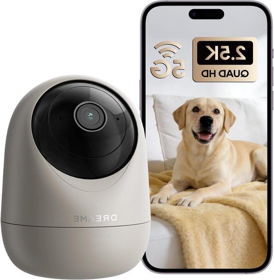 DREAME 2.5K 4MP huisdier hond camera, indoor beveiligingscamera draadloos, dual-band 5G/2.4G wifi, auto-tracking, 360° pan-tilt, cloud & lokale opslag, fysieke privacymodus, werken met Alexa en Google