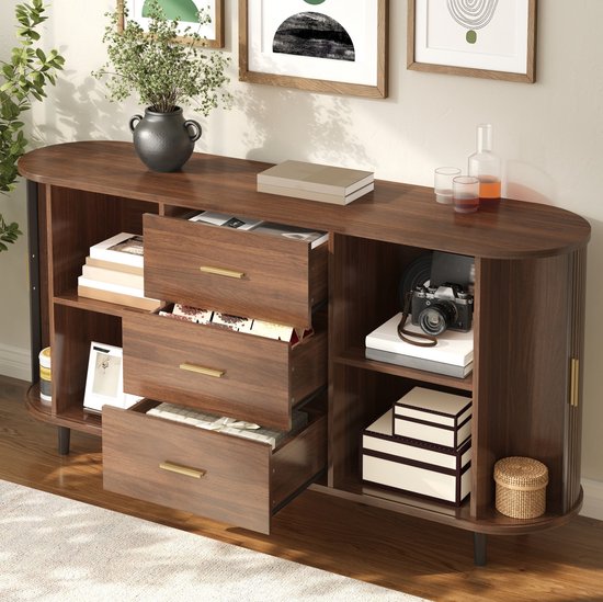 Dressoir Met 3 Lades En Schuifdeuren - Ronde Vormen Met Verticale Ribbelstructuur - Voor Eetkamer En Hal - MDF - Walnoot - 160 x 40 x 80,5 Cm