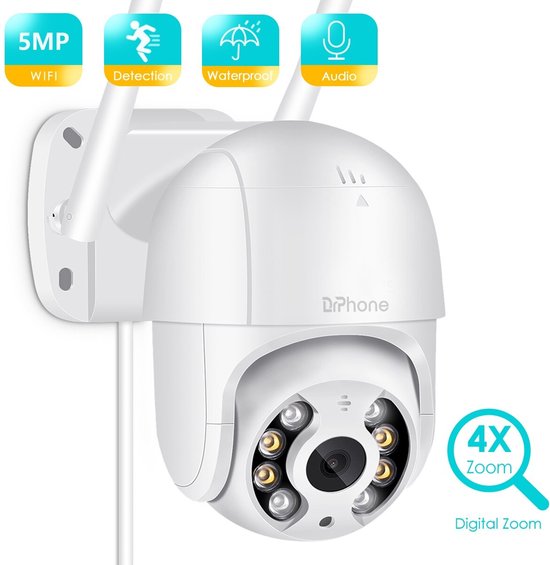 DrPhone IPCAM8 – PTZ IP Camera 1080P – Full HD 5MP – Pan & Tilt - Wifi Camera - Buitencamera – Bewakingscamera – IP66 Waterdicht - 4 keer digitale vergroting –Wit van DrPhone