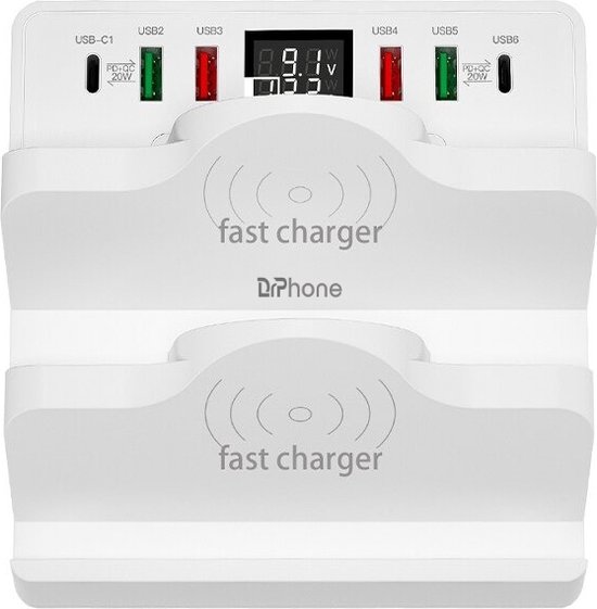 DrPhone SmartC7 Multifunctionele 80W Laadstation - 6-poorts –PD 3.0 20W/QC Qualcomm 3.0 18W - Oplaadstation met Dubbele Draadloos Oplader met LED Display – Wit van DrPhone