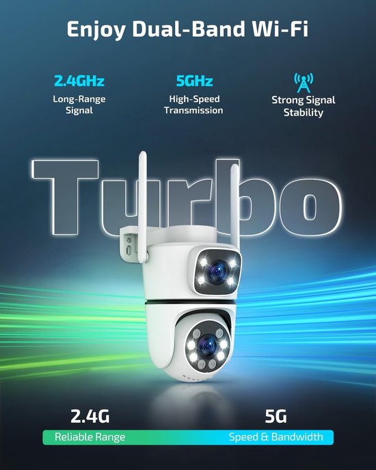 Dual-Lens Beveiligingscamera Buiten - 2.4GHz & 5GHz WiFi - PTZ Camera met Dubbel Beeld - Kleur Nachtzicht - AI Bewegingsdetectie & Auto-Tracking - 2-Weg Audio - Draadloos - Voor Huis & Tuin