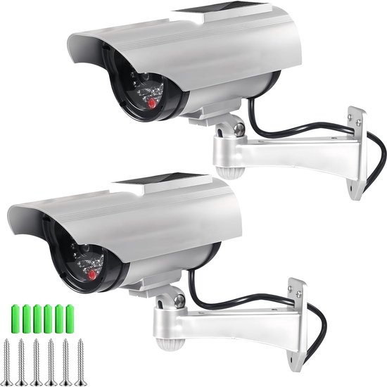 Dummy Camera - 2 stuks - Solar Dummy Bewakingscamera met Knipperlicht - 186mm Groot - Namaak camera - Dubbele Voeding - Realistisch Ontwerp - Inbraakpreventie - Inclusief Montageset - Zilver van Merkloos