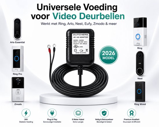 Dutchers® Video deurbel adapter - verbeterde 2026 versie - 5M snoer - Eufy en Ring deurbel adapter - Voeding deurbel - Stroom adapter doorbel - 230v-18v - AC230V, 50Hz , 500mA - Universeel transformator - Universele Voeding