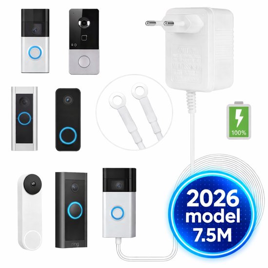 Dutchers® Video deurbel verbeterde 2026 versie adapter - 7.5M snoer - Eufy en Ring deurbel adapter - Voeding deurbel - Stroom adapter deurbel - Doorbel power adapter - 230v-18v - AC230V, 50Hz , 500mA - Universeel transformator - voor deurbel - Wit