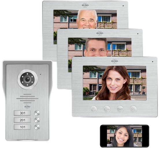 ELRO DV4000IP3 Wifi IP Video Deur Intercom kit │ 3 appartementen│ 1080P Full HD Camera met nachtzicht │ 4-draads kabel │ 16 Beltonen van Elro