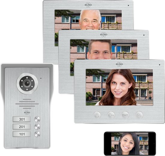 ELRO DV477IP3 Wifi IP Video Deur Intercom - 3 Appartementen - met 3x 7 inch kleurenscherm - Color Night Vision - Bekijken en communiceren via App van Merkloos